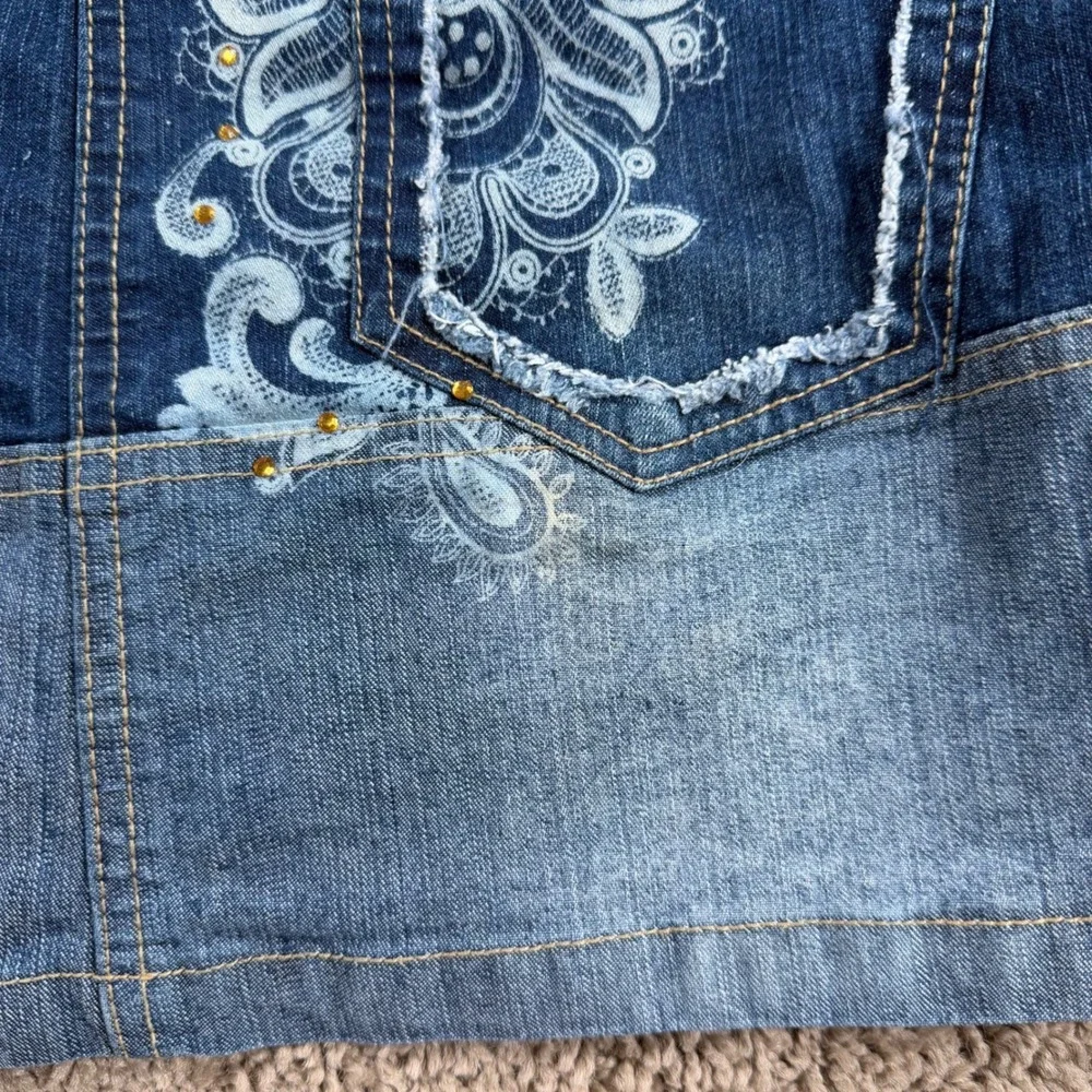 Enyce Denim Mini Skirt Rhinestone Graphic 12 girls Y2K hip hop retro edgy blue
